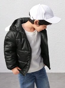 SHEIN Abrigo acolchado con cremallera y diseño de oreja 3D con capucha para niño pequeño - Negro - Ver 5