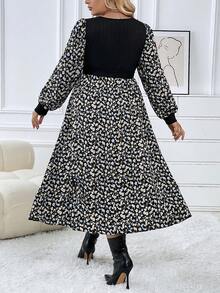 SHEIN Thai sản In hoa Báo Tay áo lồng đèn Váy có thắt lưng - Lạc đà - Xem 2