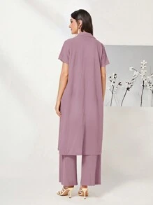 Seusyu Lapel Neck Dual Pocket Coat & Wide Leg Pants 2 Piece Set - Dusty Pink - View 2