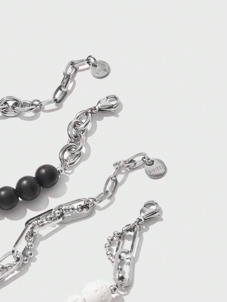 2pcs/Set Black & White Stone Design Stainless Steel Link Bracelet For Teen