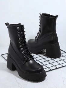 SHUZIA Botas militares de piel sintética con cordones y suela dentada - Negro - Ver 2