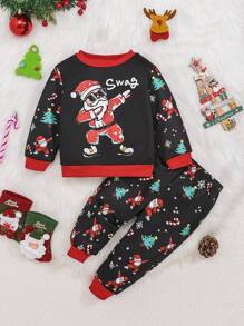 SHEIN Baby Boy Christmas Printed Color Block Sweatshirt & Jogger Pants Set