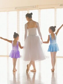 少女跳舞芭蕾舞服，蝴蝶空洞無袖雪紡裙跳舞練習/表演用 - 紫色 - 查看 7