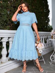 Simplee Đầm Plus Size Viên lá sen Dây kéo Tương phản ren Sò điệp Tranh thêu màu trơn Thanh lịch - Màu xanh nhạt - Xem 4