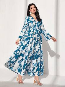 Mulvari 印花喇叭袖荷葉邊連衣裙 - 藍色 - 查看 5