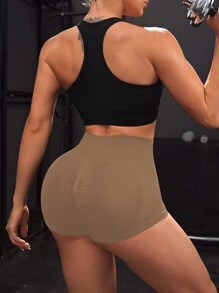 Easithlete 无缝褶皱臀部宽带腰部褶皱后背运动短裤紧身短裤女士运动短裤、健身短裤、骑行短裤 - 卡其色 - 查看 5