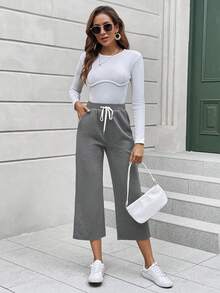 EMERY ROSE 腰部抽繩七分褲 - 灰色 - 查看 3