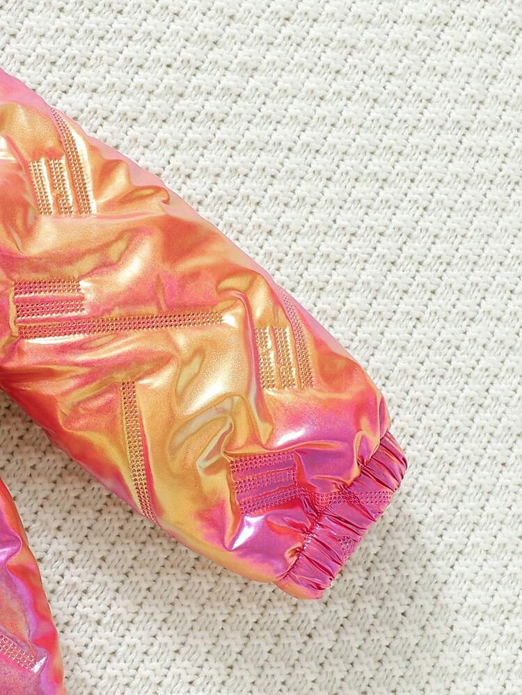 Baby Girl Holographic Zip Up Snap Button Metallic Padded Coat