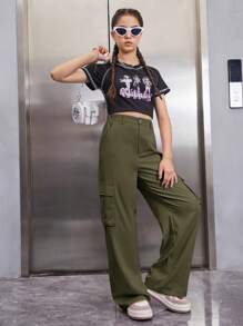SHEIN 青少年女孩側翻蓋口袋工裝褲 - 軍綠色 - 查看 3