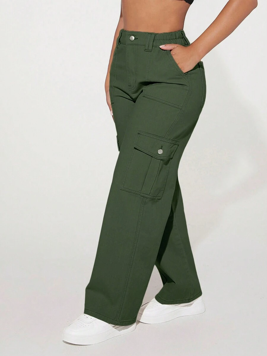 SHEIN PETITE High Waist Flap Pocket Cargo Jeans - Army Green - View 1