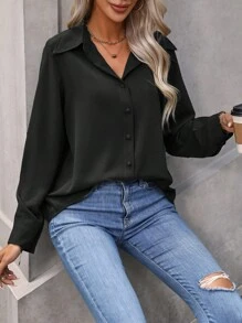 EMERY ROSE Solid Button Front Shirt,Long Sleeve Tops Fall Cloth For Women - Black - View 6