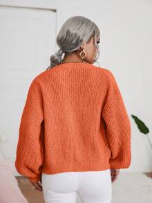 SHEIN Frenchy Chất rắn Nút phía trước Tay áo Đèn lồng Áo len Mở - trái cam - Xem 2