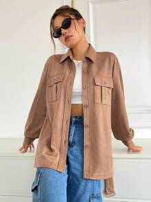 SHEIN EZwear 有蓋口袋落肩束帶大衣 - 駝色 - 查看 1