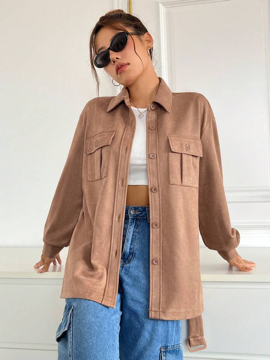 SHEIN EZwear 有蓋口袋落肩束帶大衣 - 駝色 - 查看 1