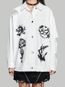 ROMWE PUNK Floral & Skeleton Graphic Ripped Drop Shoulder Denim Jacket - White - View 5