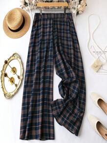 SHEIN LUNE Plus Plaid Print Wide Leg Pants Without Belt