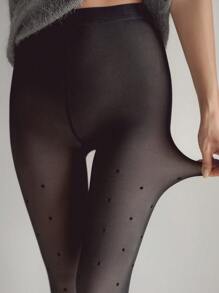 DAZY Polka Dot Print Tights,Thermal Lined - Black - View 5