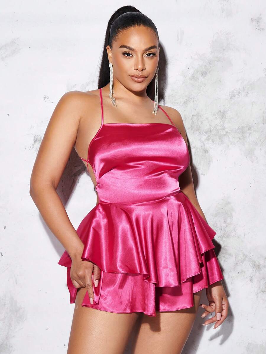 SHEIN BAE Mono skort de tirantes de satén de espalda abierta con cordón - Rosa Fucsia - Ver 1