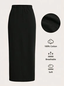 SHEIN BASICS Terry Fleece Elastic Waist Slant Pocket Solid Skirt - Black - View 6