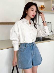 DAZY Floral Embroidery Drop Shoulder Button Front Shirt Long Sleeve Top - White - View 5