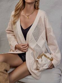 SHEIN LUNE Áo len cardigan thả vai Pointelle - Màu be - Xem 5