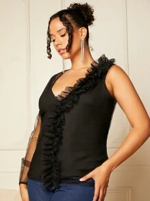 SHEIN SXY Plus Ruffle Trim Mesh Sleeve Top