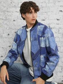 Manfinity VCAY 男式牛仔效果印花拉链飞行员夹克（不含 T 恤），适合秋冬 - 藍色 - 查看 4