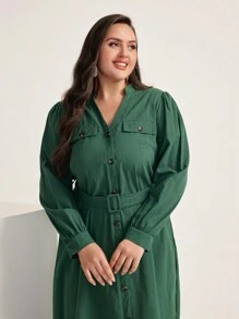 Mulvari Plus Flap Detail Button Front Belted Shirt Dress - Dark Green - View 4