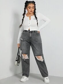 SHEIN EZwear 高腰破洞直筒男友风牛仔裤 - 淺灰色 - 查看 5