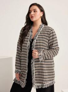 Modelyn Plus Plaid Print Raw Trim Open Front Tweed Overcoat Fall Cloth For Women - Black and White - View 5