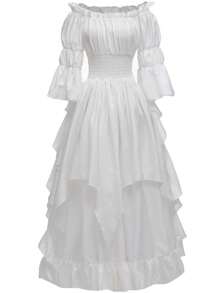 Off Shoulder Asymmetrical Sleeve Ruffle Trim Dress