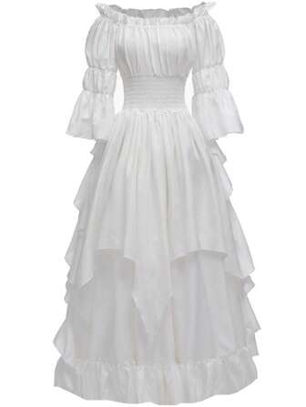 露肩不对称袖荷叶边连衣裙