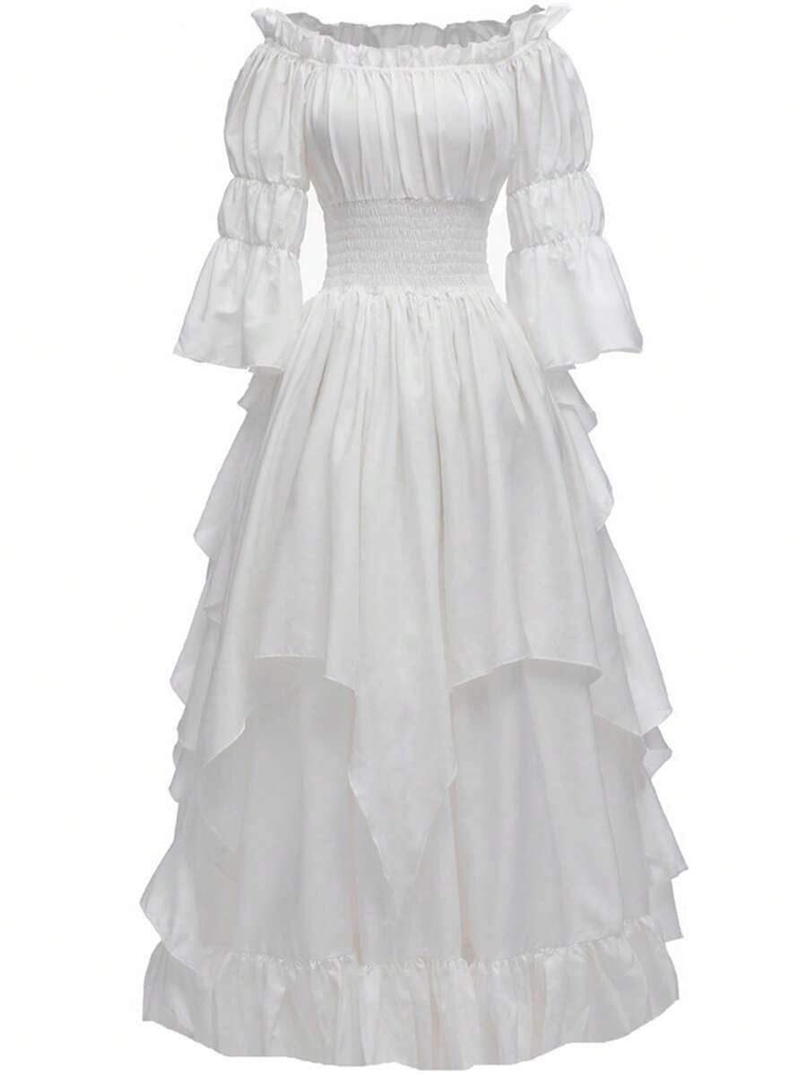 Off Shoulder Asymmetrical Sleeve Ruffle Trim Dress