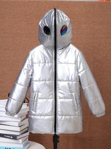 SHEIN Tween Boy Metallic Zip Up Hooded Padded Coat - Silver - View 1