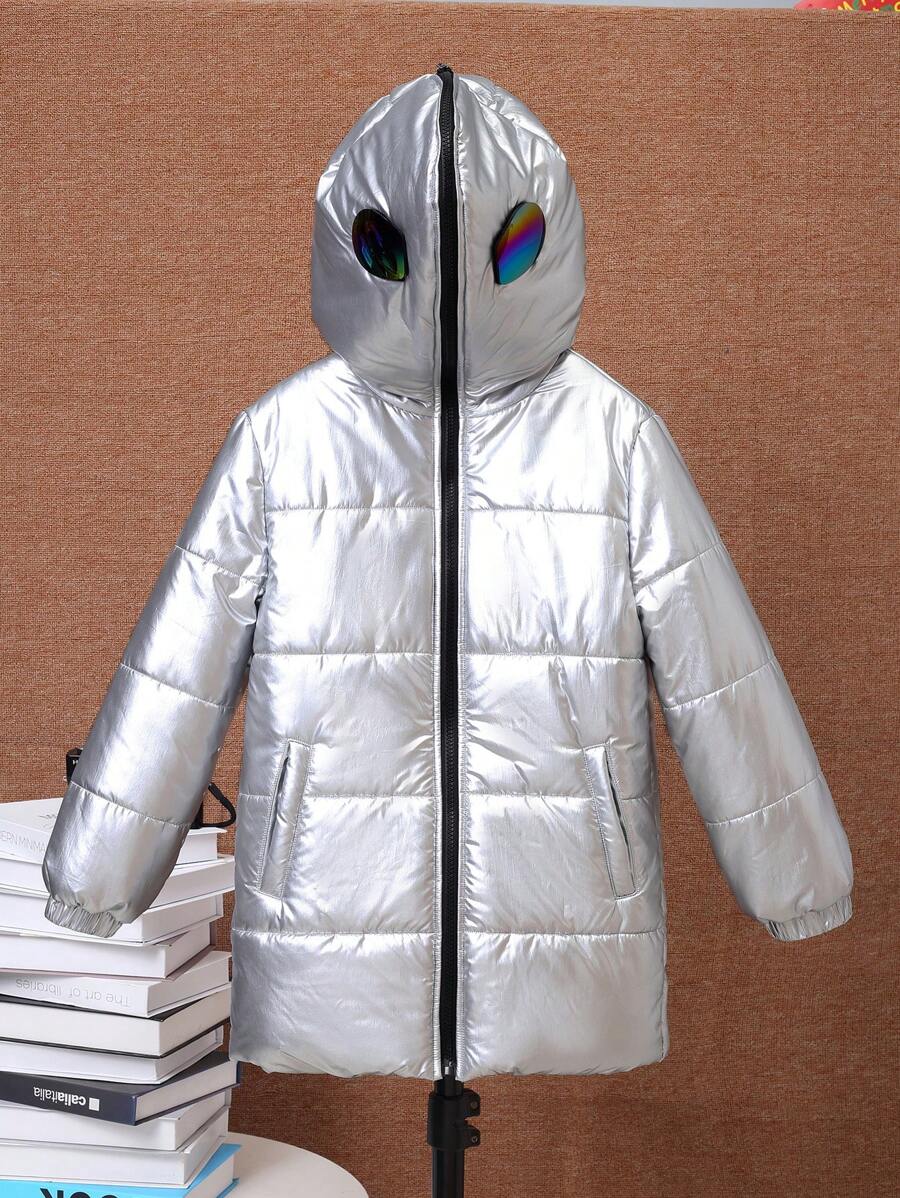 SHEIN Tween Boy Metallic Zip Up Hooded Padded Coat - Silver - View 1