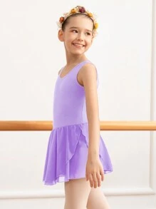 少女跳舞芭蕾舞服，蝴蝶空洞無袖雪紡裙跳舞練習/表演用 - 紫色 - 查看 5