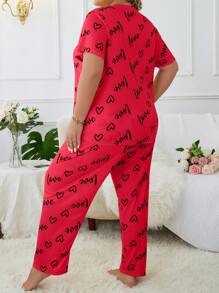 Plus Size Women Heart & Letter Graphic Top & Pants Pajama Set - Hot Pink - View 2
