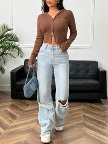 SHEIN EZwear 拉鏈開襟連帽開襟衫 - 紅木色 - 查看 4