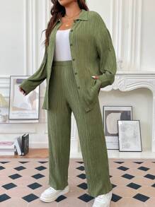 Flirla Plus Drop Shoulder Shirt & Pants - Green - View 4