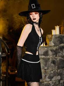 ROMWE PUNK Solid Halter Top & Pleated Skirt - Black - View 5