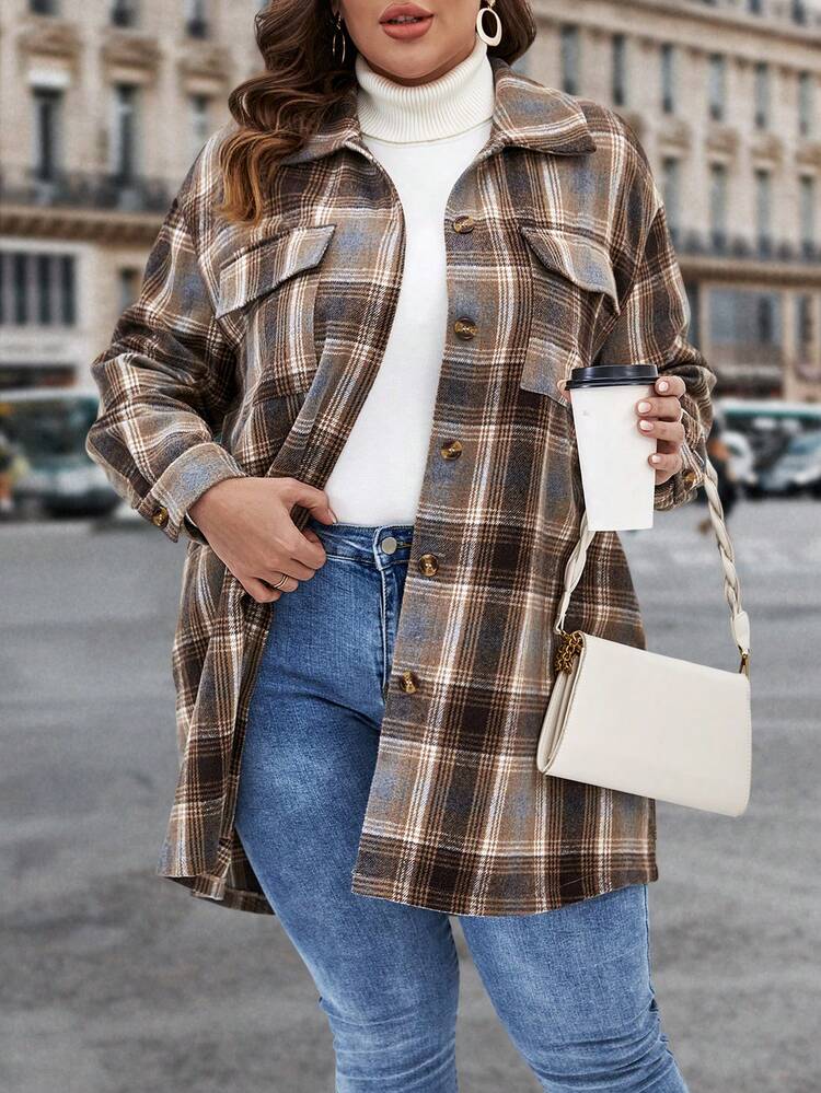 Plus Plaid Print Drop Shoulder Flap Pocket Overcoat