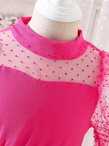 SHEIN Glamorique Kids Young Girl Contrast Dobby Mesh Virago Sleeve Mock Neck Dress Pink Princess Dressgirls Pink Party Dresspink Tutu Dresspuff Sleeve Dress For Kidsdress Pink Young Girl,Holiday,Summer,Travel