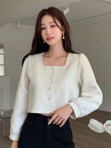 DAZY Casual Business Square Collar Solid Color Blouse For Women Long Sleeve Top