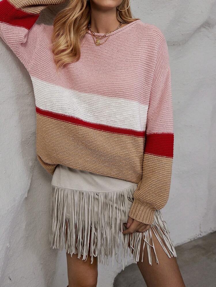 Color Block Drop Shoulder Knit Pullover Fall Winter Sweater