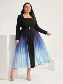 Modelyn Plus Ombre Square Neck Pleated Hem Dress Without Belt - Multicolor - View 5