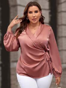 SHEIN Clasi Plus Shawl Collar Knot Side Wrap Satin Blouse - Coral Pink - View 3