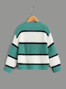 SHEIN Tween Girl Colorblock Drop Shoulder Sweater - Mint Green - View 2