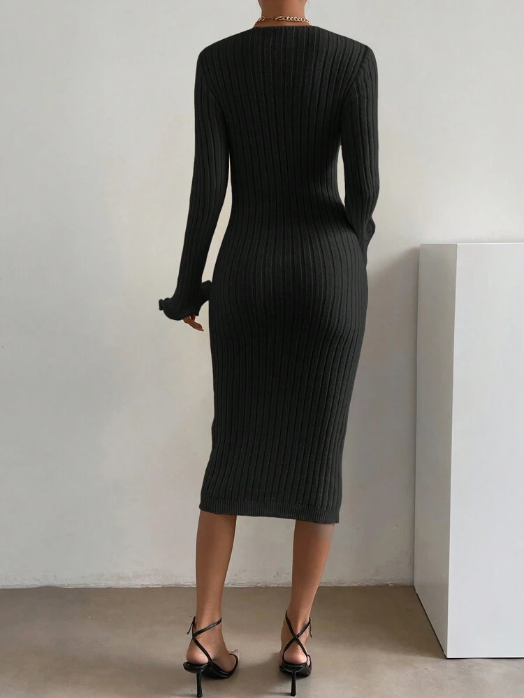 Square Neck Flounce Sleeve Sweater Dress Fall Cloth For Women