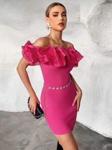 SHEIN Privé Vestido ajustado con hombros descubiertos y ribete de volantes - Rosa Fucsia - Ver 3