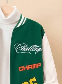 SHEIN Tween Boy Letter Embroidery Varsity Jacket Without Hoodie - Green - View 4